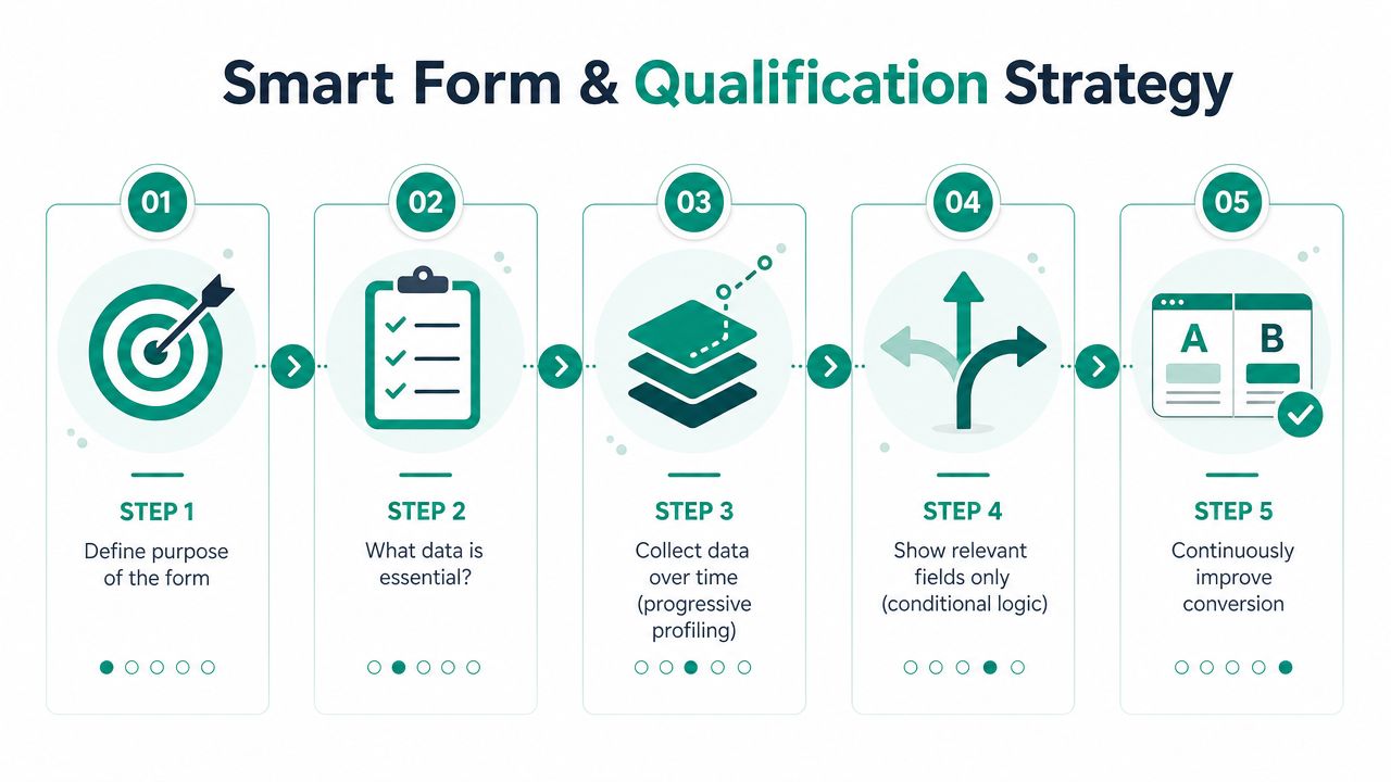 A five-step infographic illustrating a smart form and qualification strategy for effective b2b lead generation.