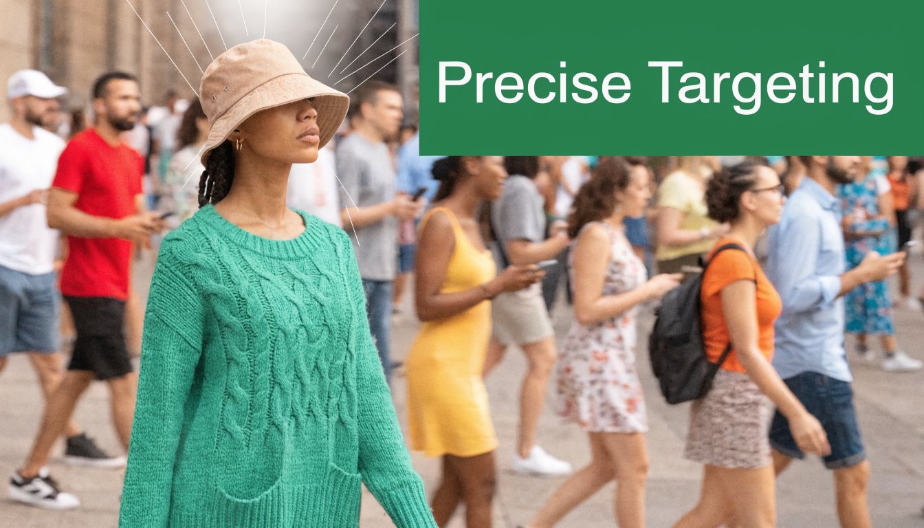 A woman wearing a green sweater and bucket hat standing out in a crowded street scene.
