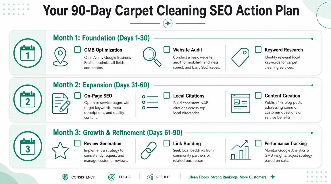 A 90-day carpet cleaning seo action plan checklist broken down by monthly tasks to improve search rankings.