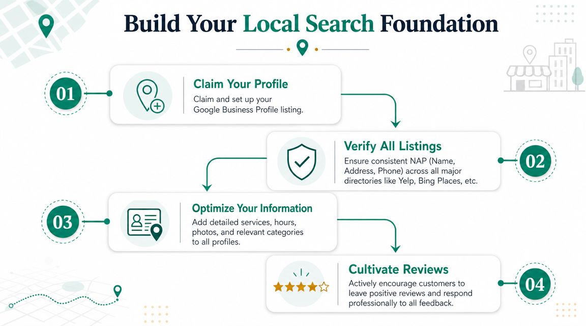 An infographic showing a four-step process for building a local search foundation for business seo.