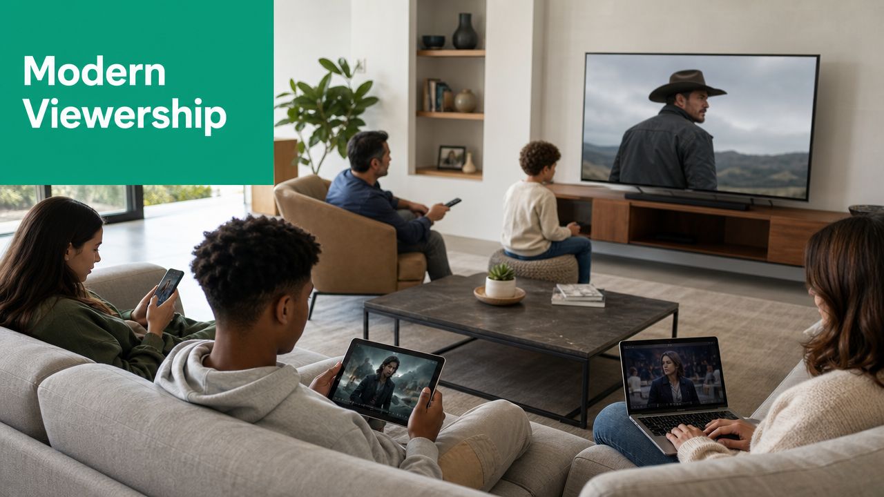 A family sits in a living room, each individual focused on their own personal screen or device.