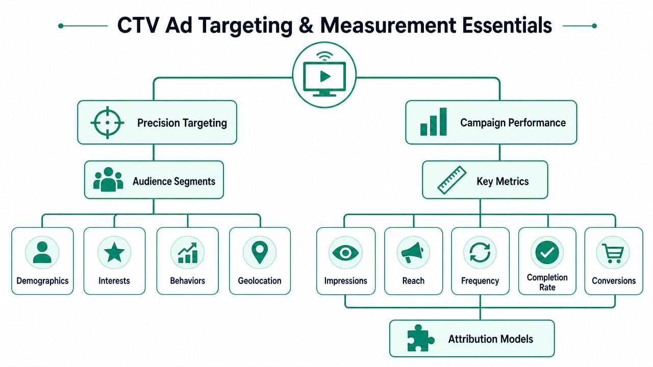 A diagram illustrating the essential components of ctv ad targeting and measurement strategies in digital marketing.