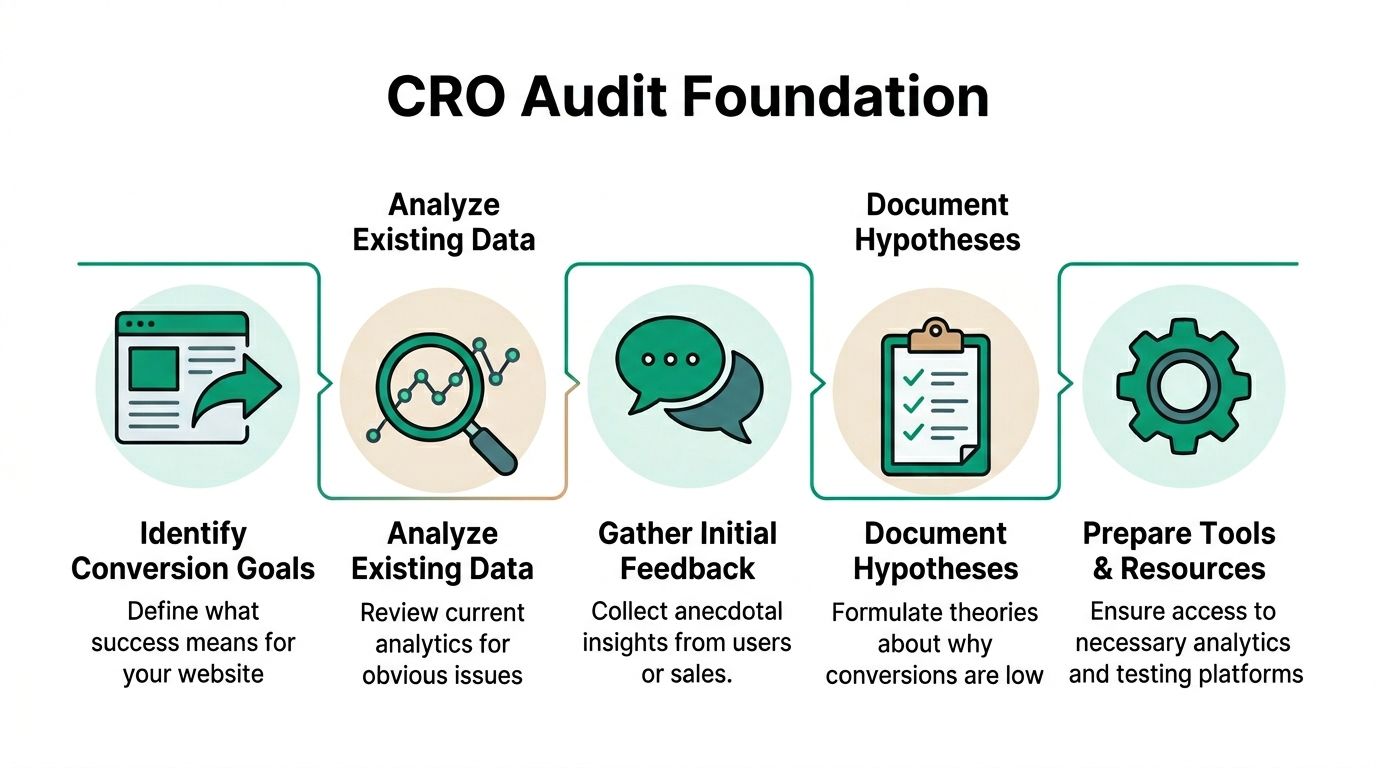 A flowchart infographic titled cro audit foundation outlining the five essential steps for optimizing website conversions.