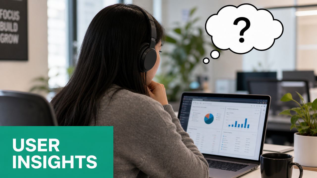 A professional woman wearing headphones looks at data charts on her laptop screen in an office.