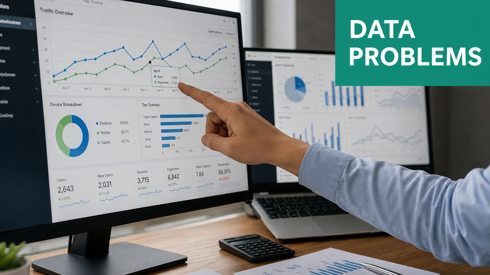 A professional analyzing digital marketing metrics on computer screens during a conversion rate optimization audit.
