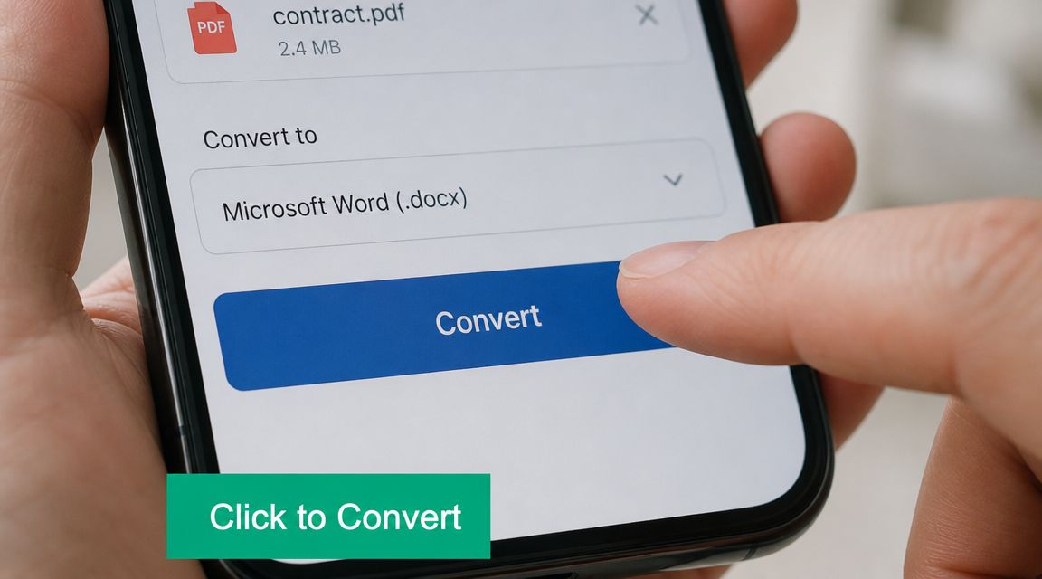 A close-up of a person's finger tapping a convert button on a smartphone screen.