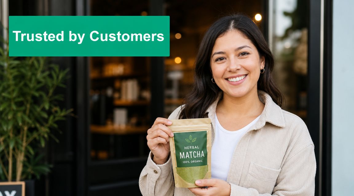 A smiling woman holding a bag of herbal matcha tea in front of a modern storefront.