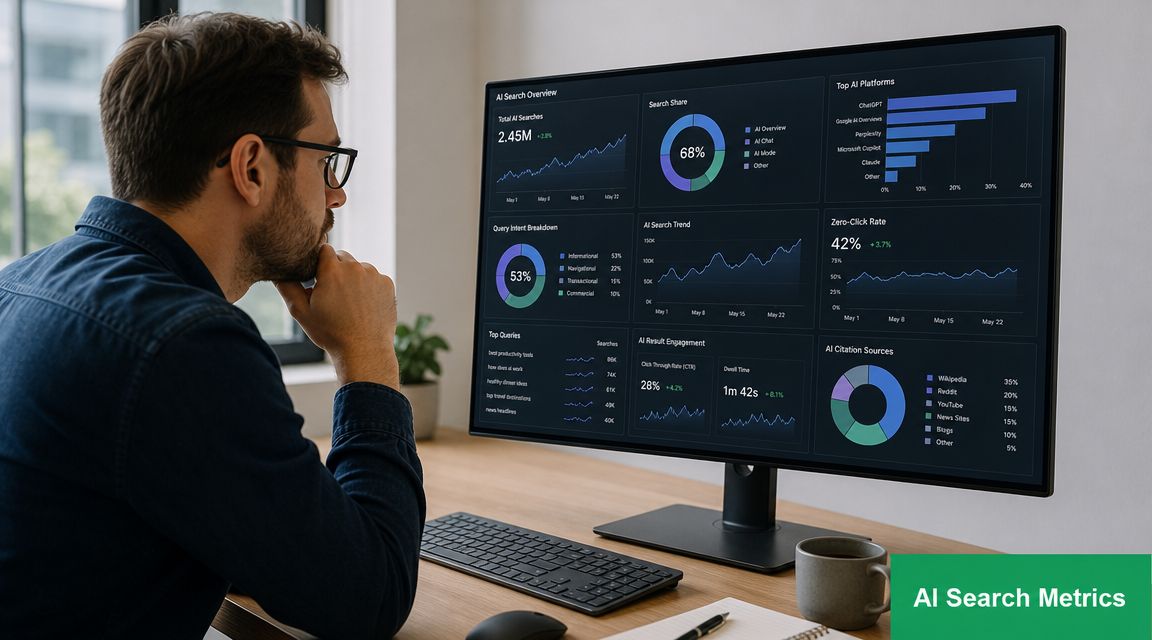 A professional analyzing ai search engine performance data and user behavior trends on a large computer monitor.