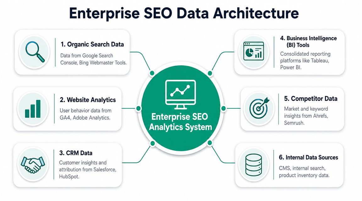 A diagram illustrating an enterprise seo data architecture with six interconnected data sources for analytics systems.