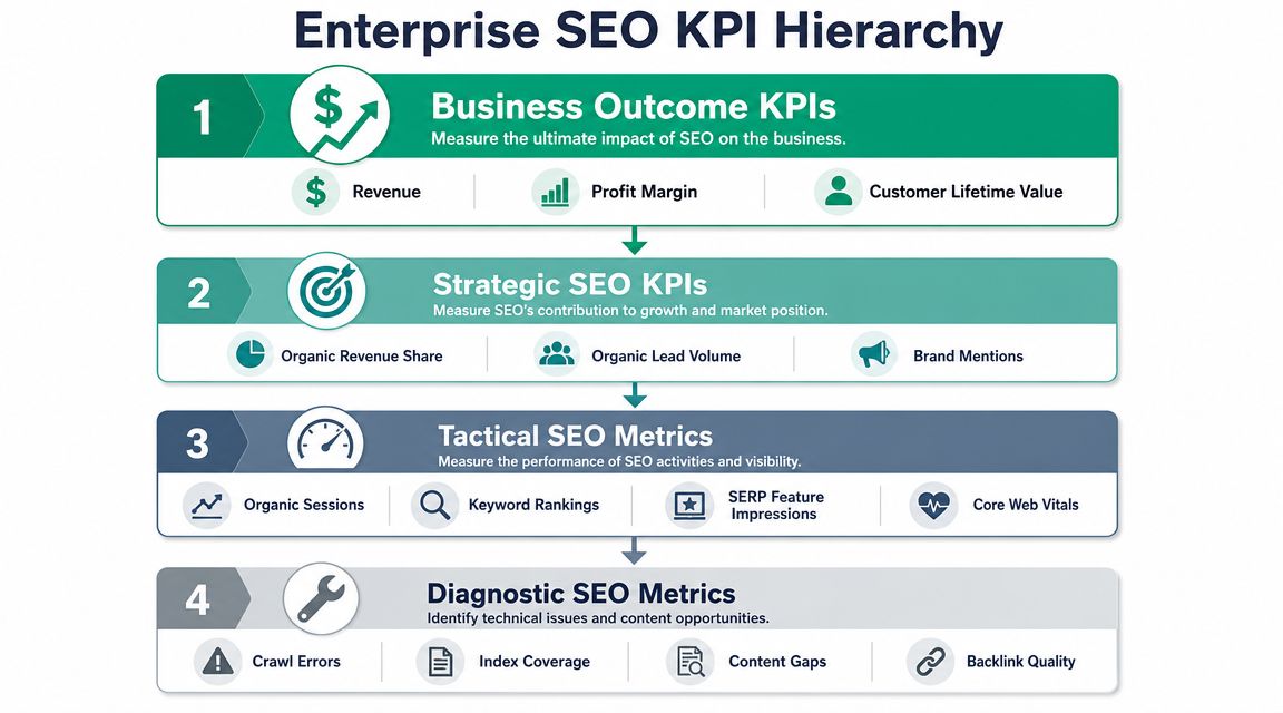 A pyramid chart illustrating the four levels of enterprise seo kpi hierarchy from business outcomes to technical diagnostics.