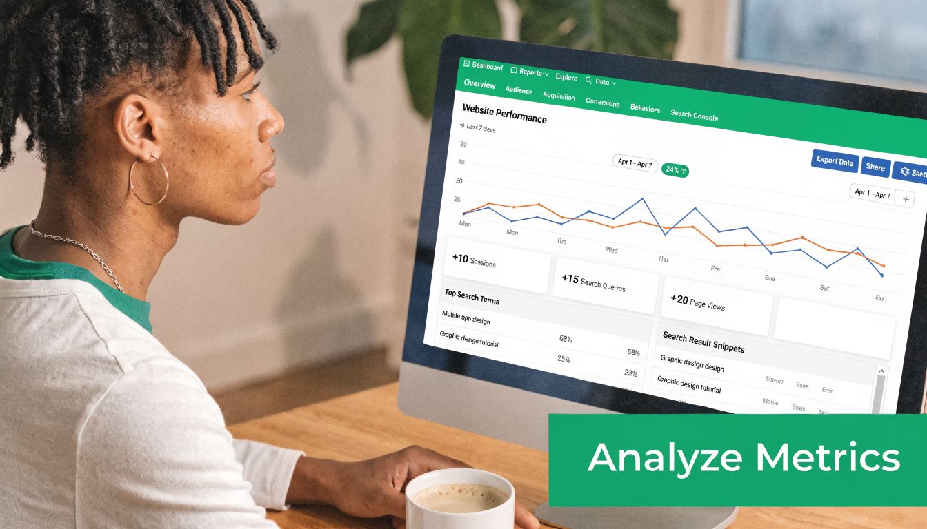 A person looking at a computer monitor displaying a website performance analytics dashboard while holding a coffee cup.