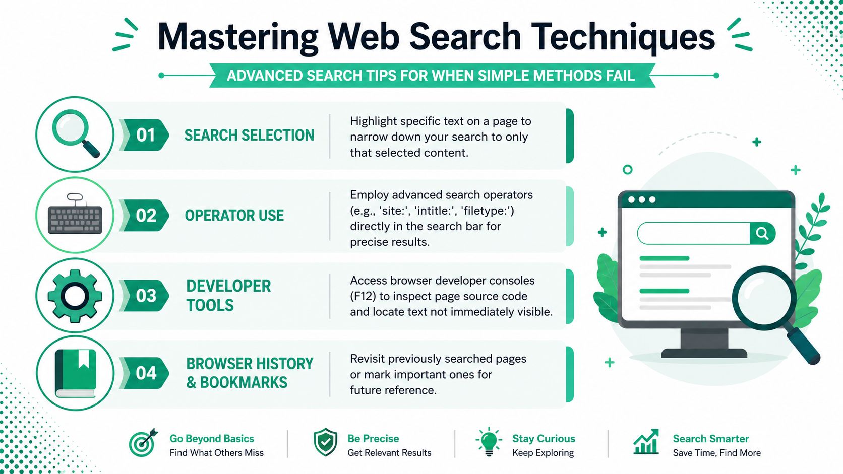 An infographic detailing four advanced web search techniques including search selection, operator use, developer tools, and bookmarks.