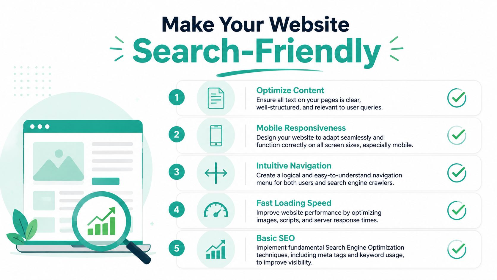 An infographic detailing five key steps to make your website more search-friendly and improve overall ranking.