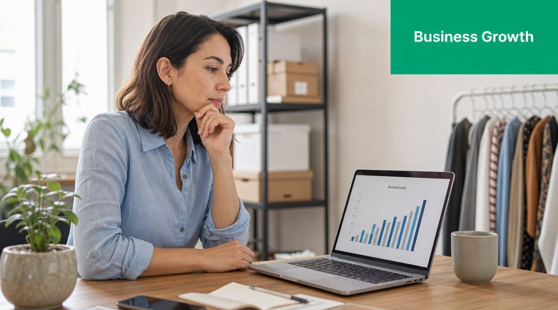 A businesswoman sitting at a desk with a laptop displaying a business growth chart in an office.