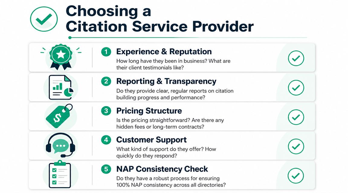 A checklist infographic titled choosing a citation service provider, detailing five essential criteria for selecting a service.