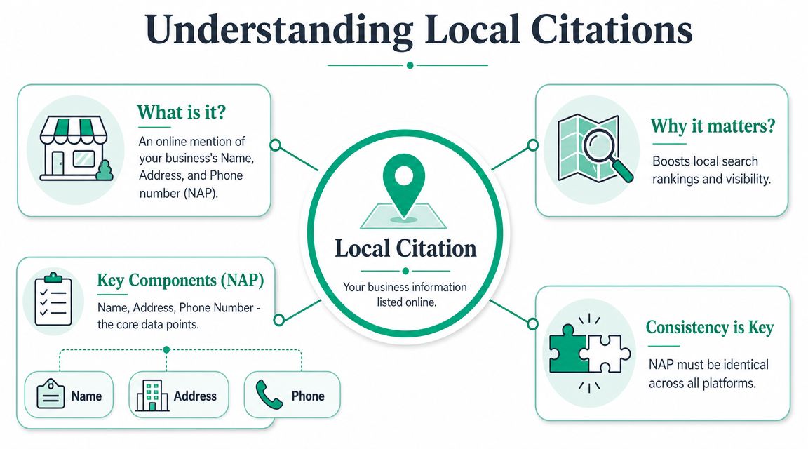 An infographic titled understanding local citations explaining the definition, importance, and key nap components for business seo.