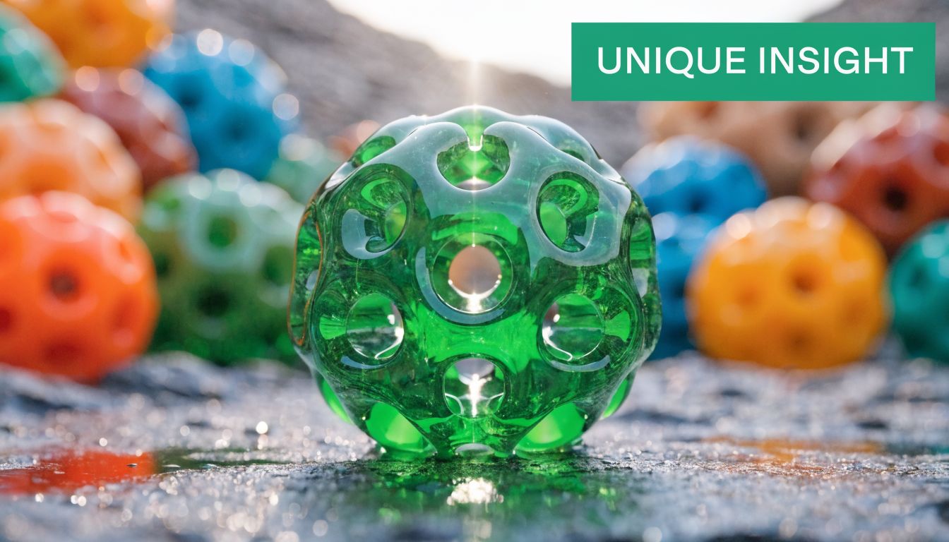 A close-up shot of a bright green perforated ball resting on a wet surface with colorful spheres behind.