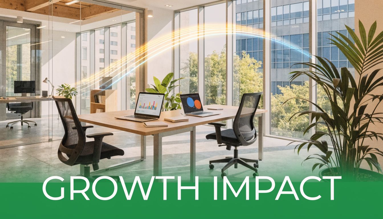 A modern, bright office meeting space featuring laptops, chairs, and plants with an abstract light overlay.
