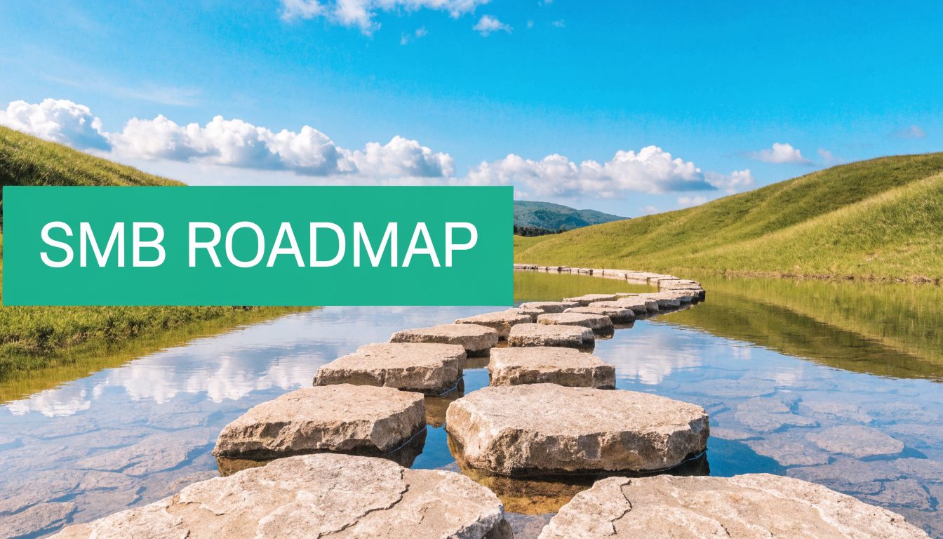 A scenic path of stepping stones across a calm lake with the text smb roadmap overlaid.