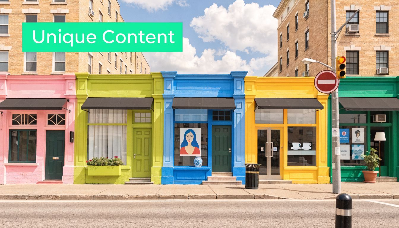 A row of colorful shopfronts in pink, lime green, blue, yellow, and green along a city street.