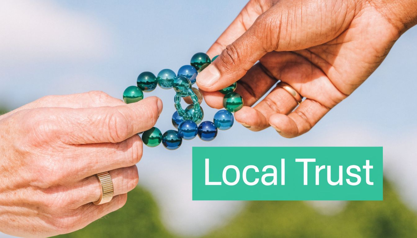 Two people holding hands and a beaded structure to symbolize community support and local trust collaboration.