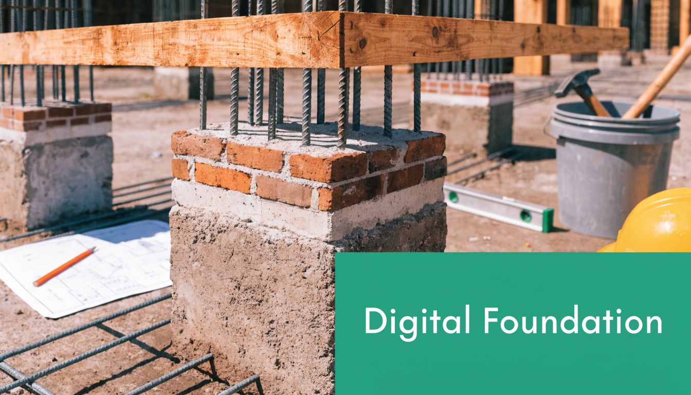 A construction site showing concrete pillars, rebar, a blueprint, tools, and a digital foundation text overlay.