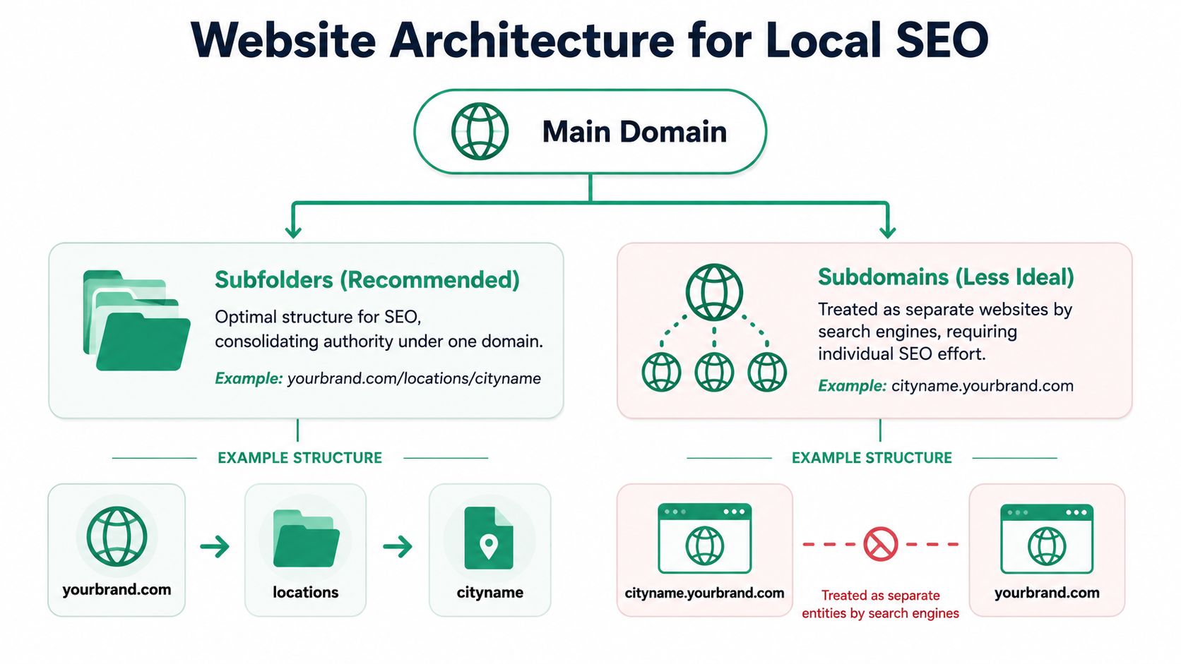 A diagram comparing subfolders versus subdomains for optimizing website architecture to improve local seo performance.