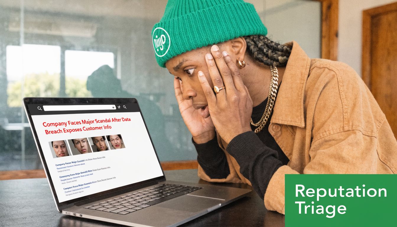 A person looking shocked at a laptop screen showing news headlines about a major data privacy scandal.