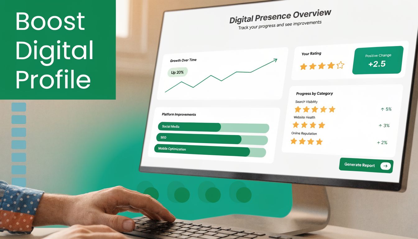 A person working at a computer showing a digital presence dashboard with progress charts and performance metrics.