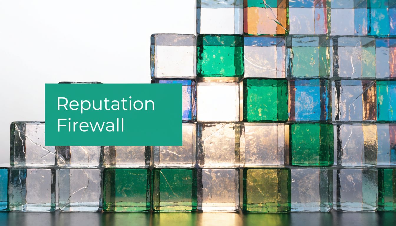 A glass cube structure resembling a wall with the text reputation firewall overlaid on the image.