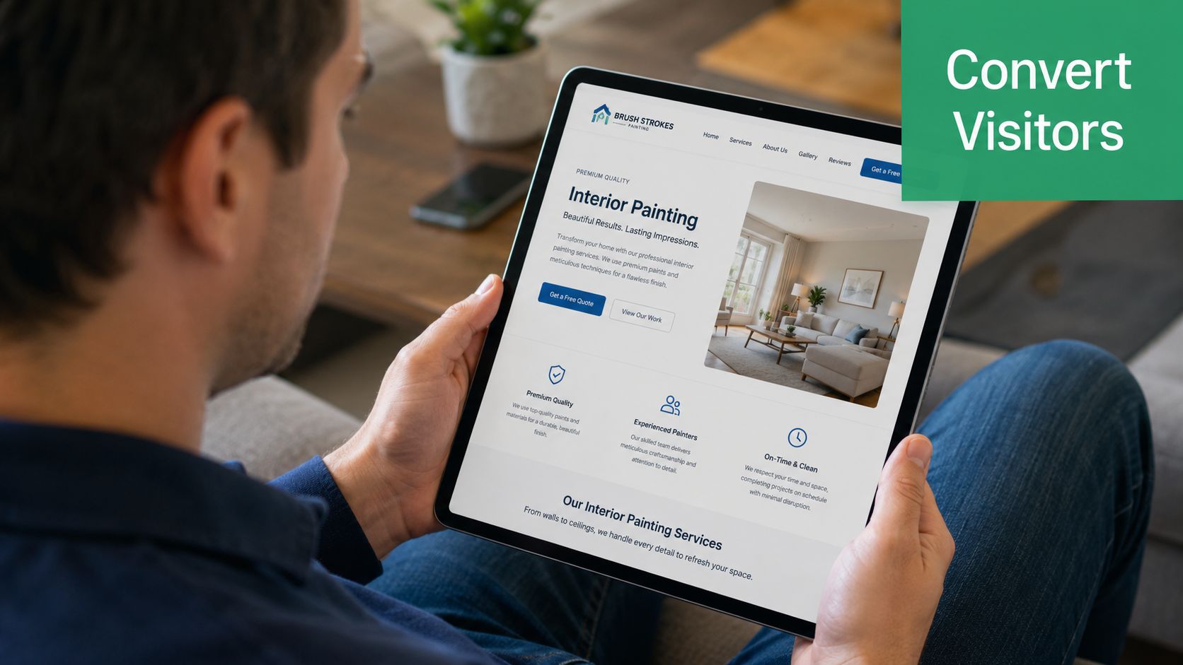 A person holding a digital tablet displaying the professional website of a residential painting company service.