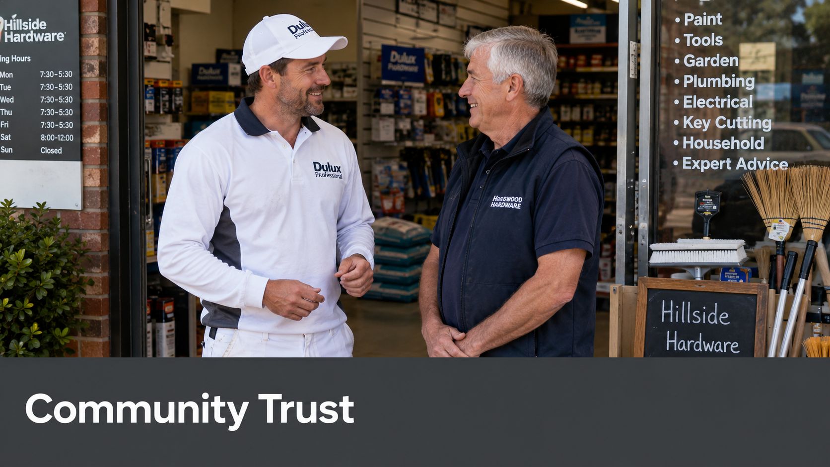 A professional painter talking with a friendly local hardware store owner in front of his shop.