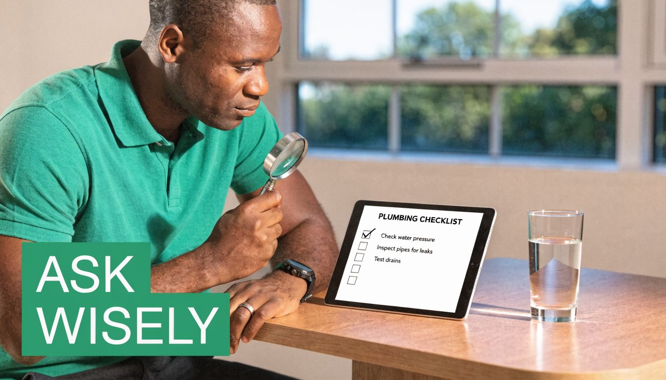 A professional man in a green shirt examines a digital plumbing checklist on a tablet screen.