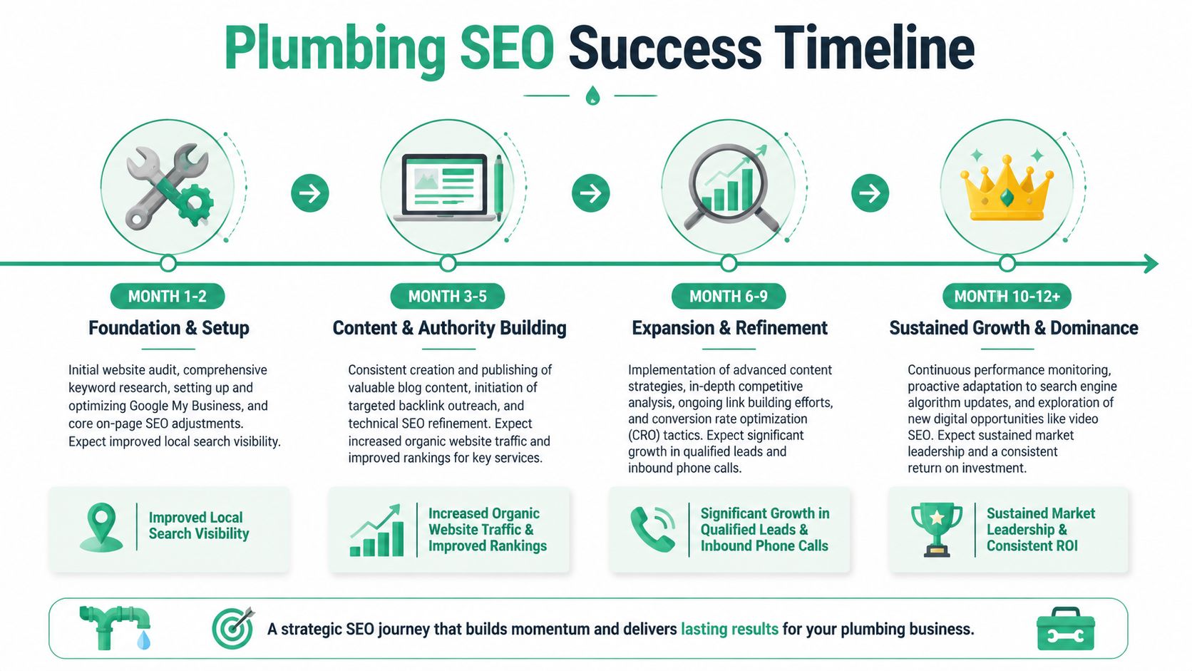 A timeline graphic illustrating the stages of a successful seo strategy for plumbing businesses over twelve months.