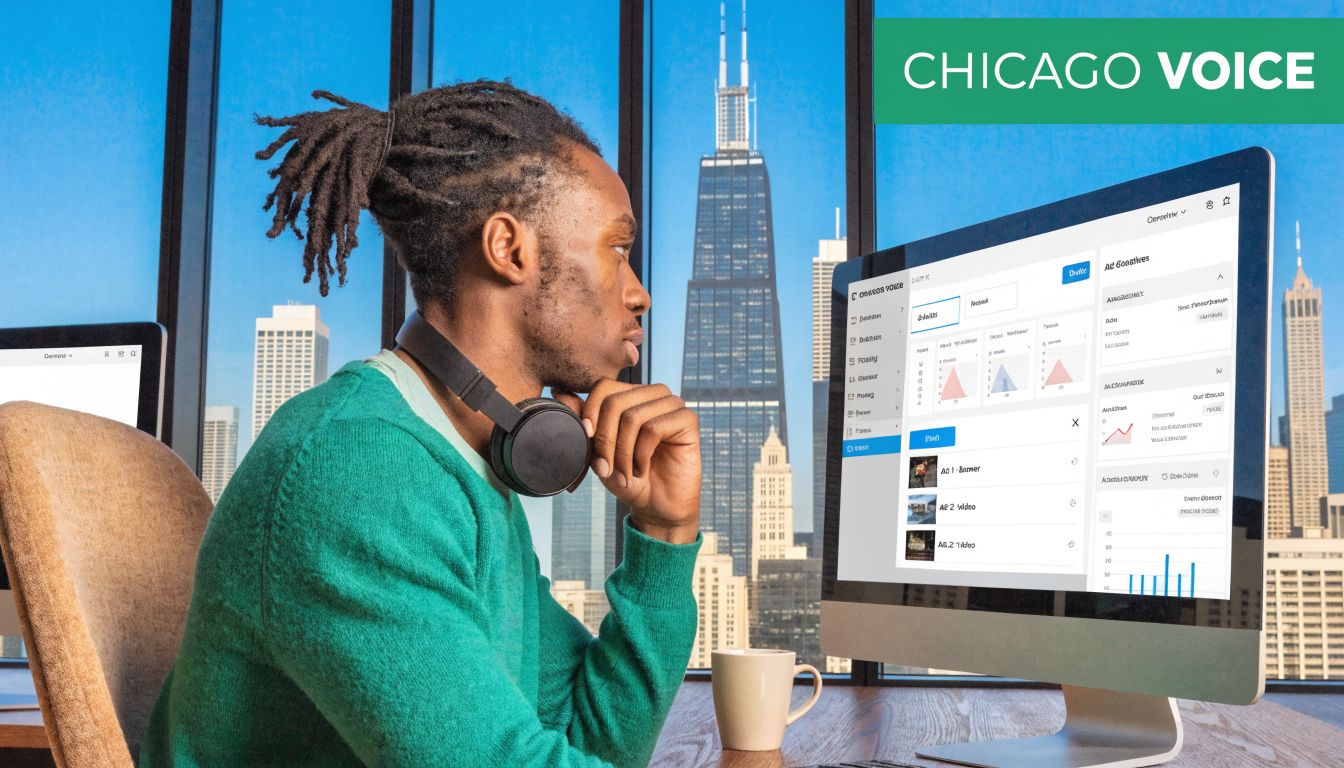A young professional in a green sweater working on a computer in a chicago office.