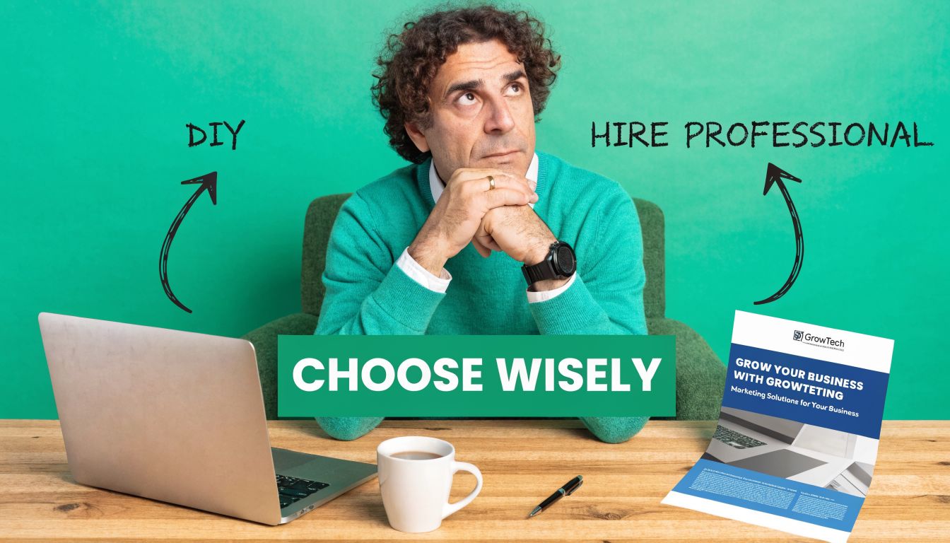 A man sitting at a desk contemplating whether to do marketing himself or hire professional services.