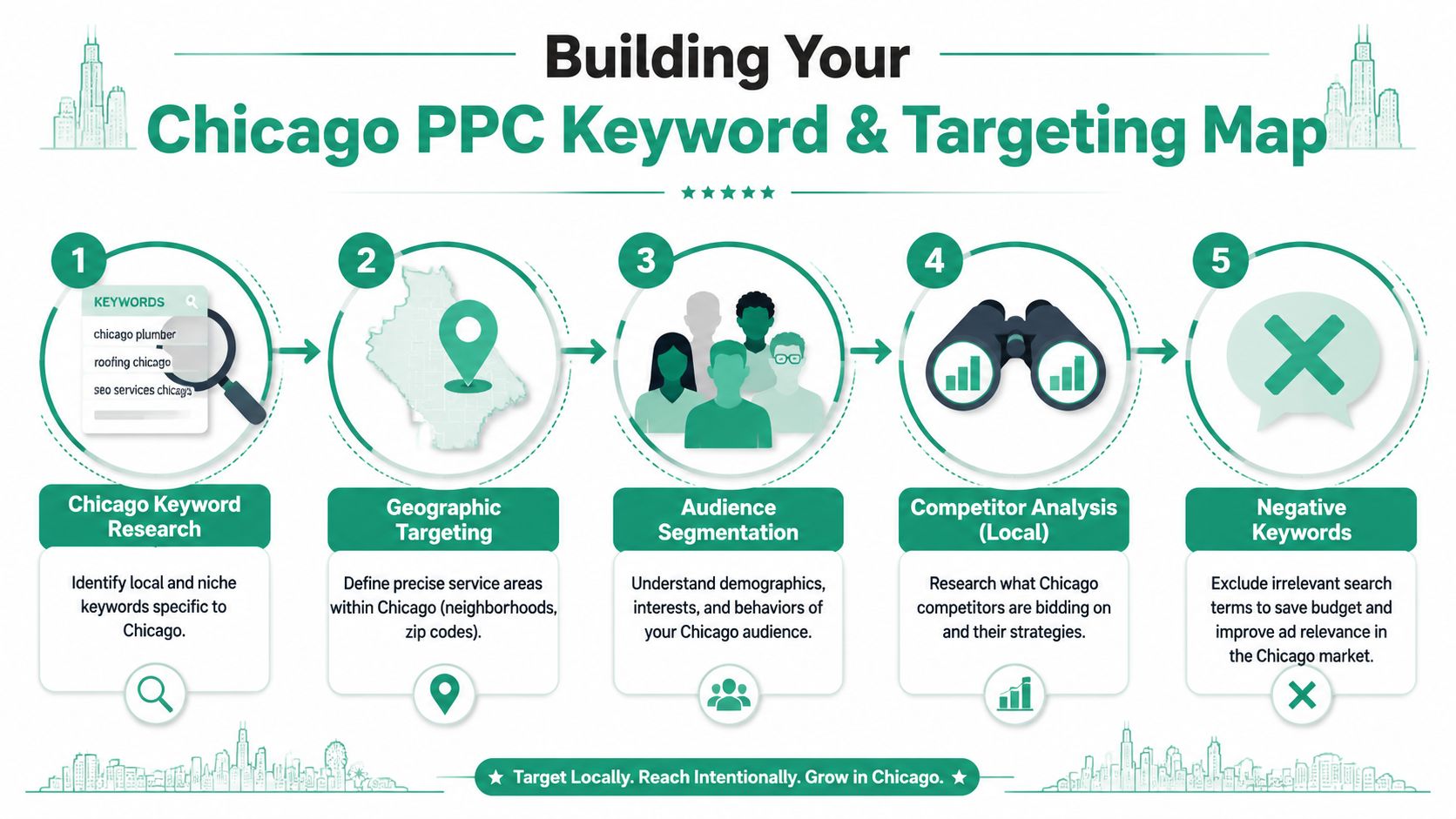 A five-step infographic showing how to build a ppc marketing strategy specifically for the chicago market.