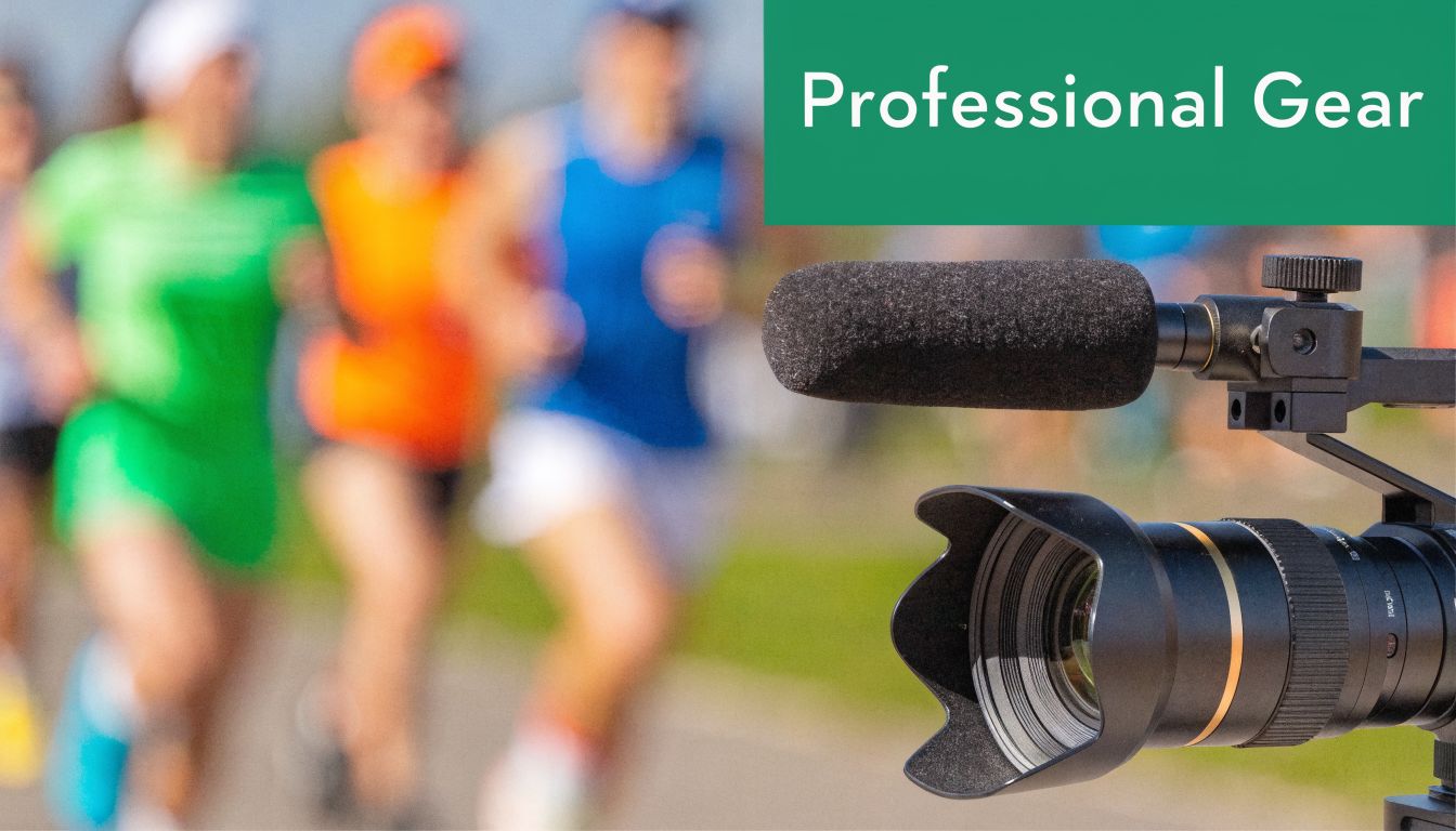 A professional camera with a microphone recording blurred runners in a race for sports videography coverage.