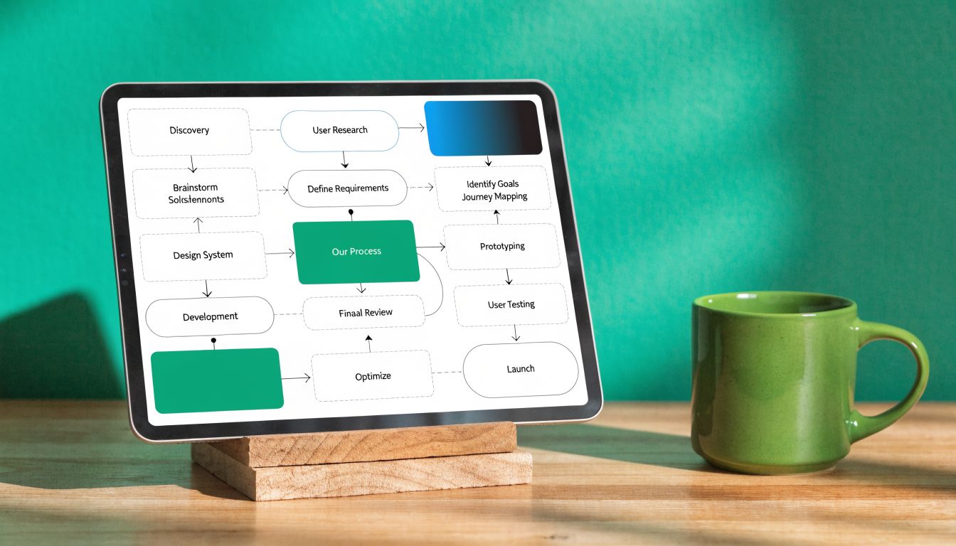 A digital tablet displaying a project workflow diagram on a wooden table beside a green coffee mug.