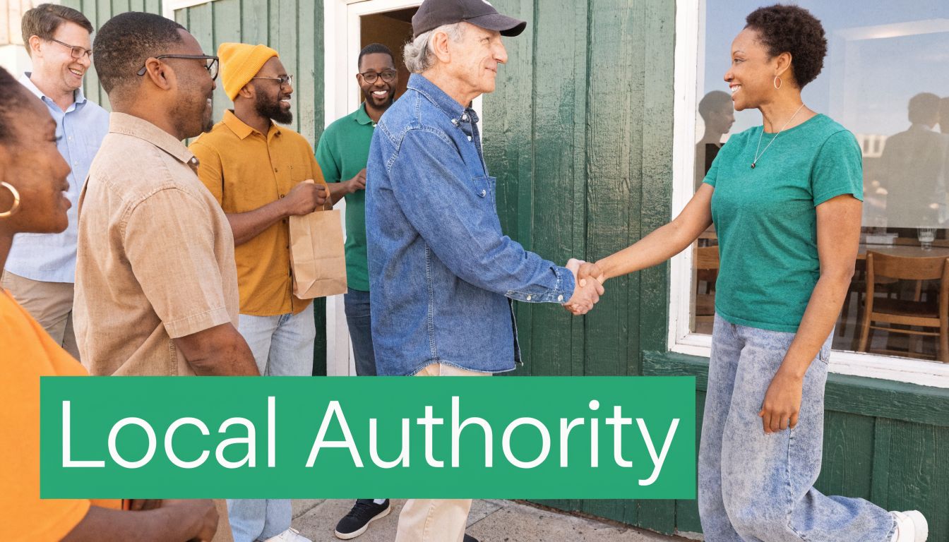 A diverse group of people greeting each other outside a local community building or public office.