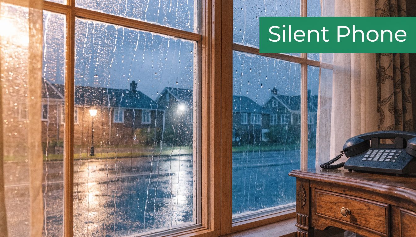 A classic corded telephone sitting on a wooden table beside a rain-streaked window overlooking a neighborhood.