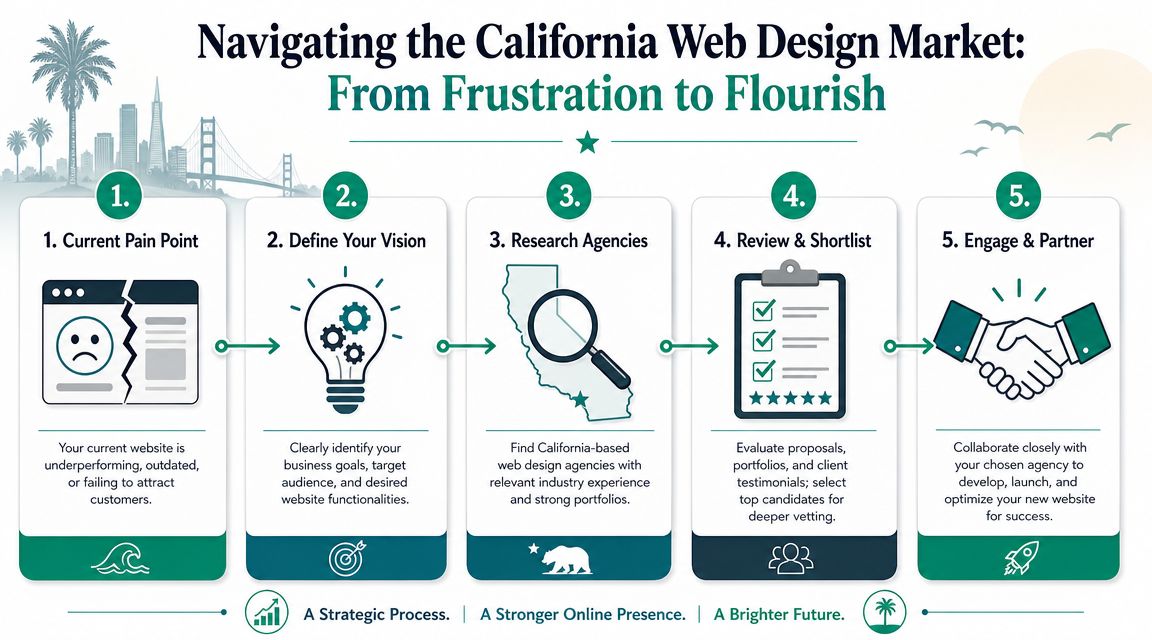 A five-step infographic guide for businesses on how to hire a web design agency in california.