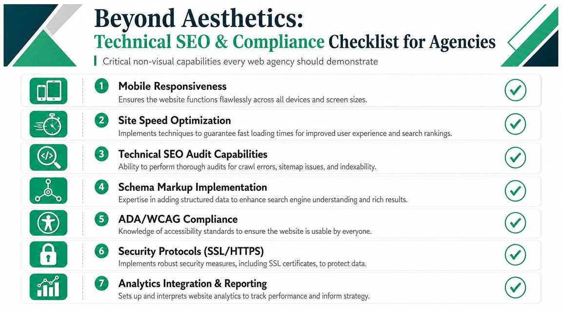 A checklist infographic detailing seven essential technical seo and compliance capabilities for professional web design agencies.
