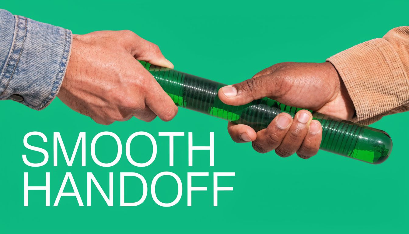 Two people passing a green baton to each other against a solid green background representing teamwork.