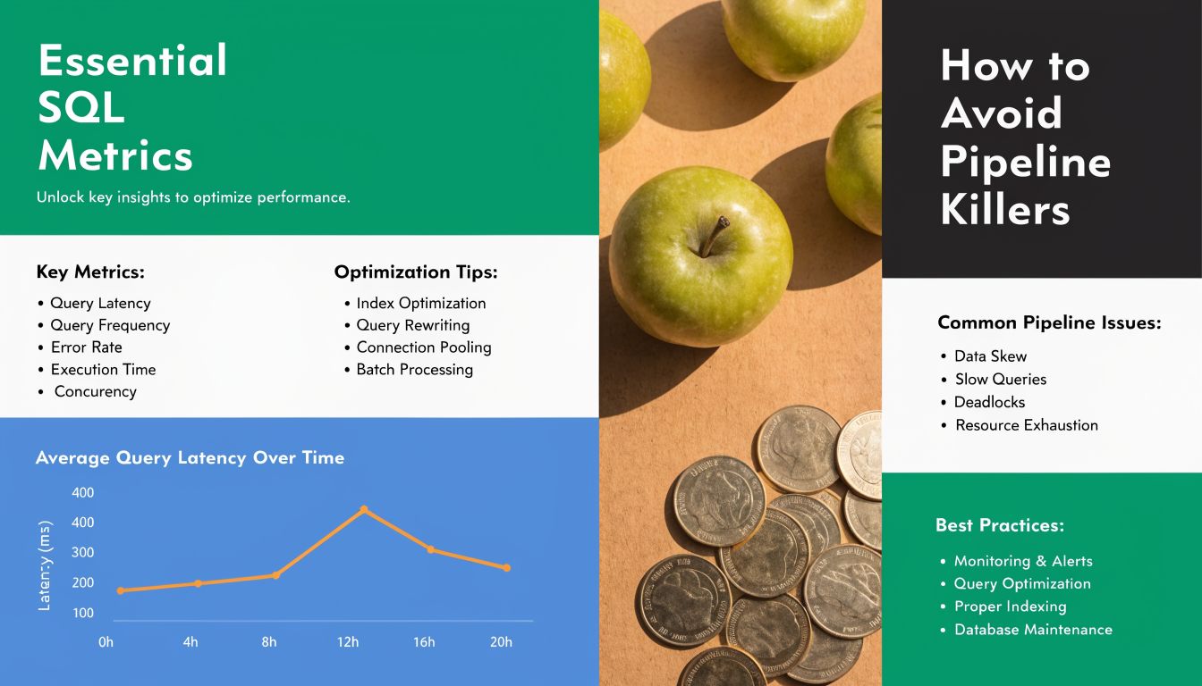 An infographic titled essential sql metrics showing charts, key performance metrics, and optimization tips for databases.