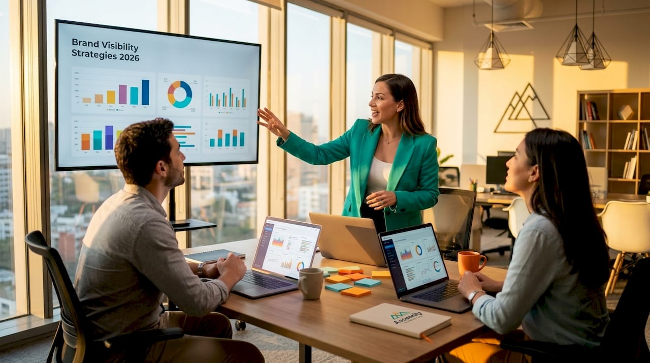 Marketing team discussing brand visibility metrics