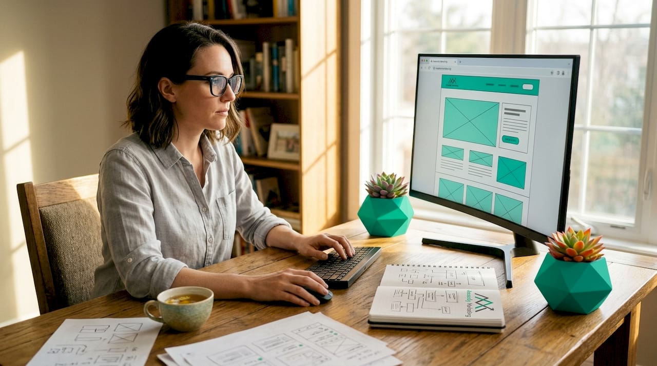 UX designer reviewing website wireframe in home office