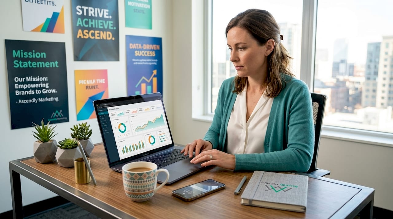 Businesswoman reviewing website analytics dashboard