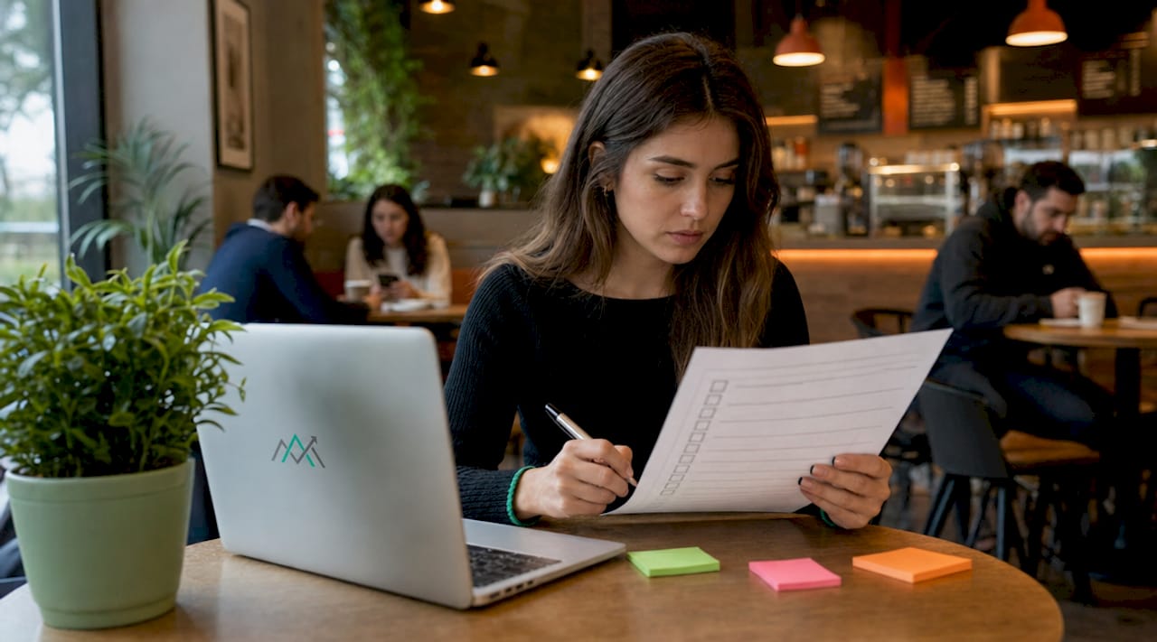 Startup founder reviewing marketing checklist
