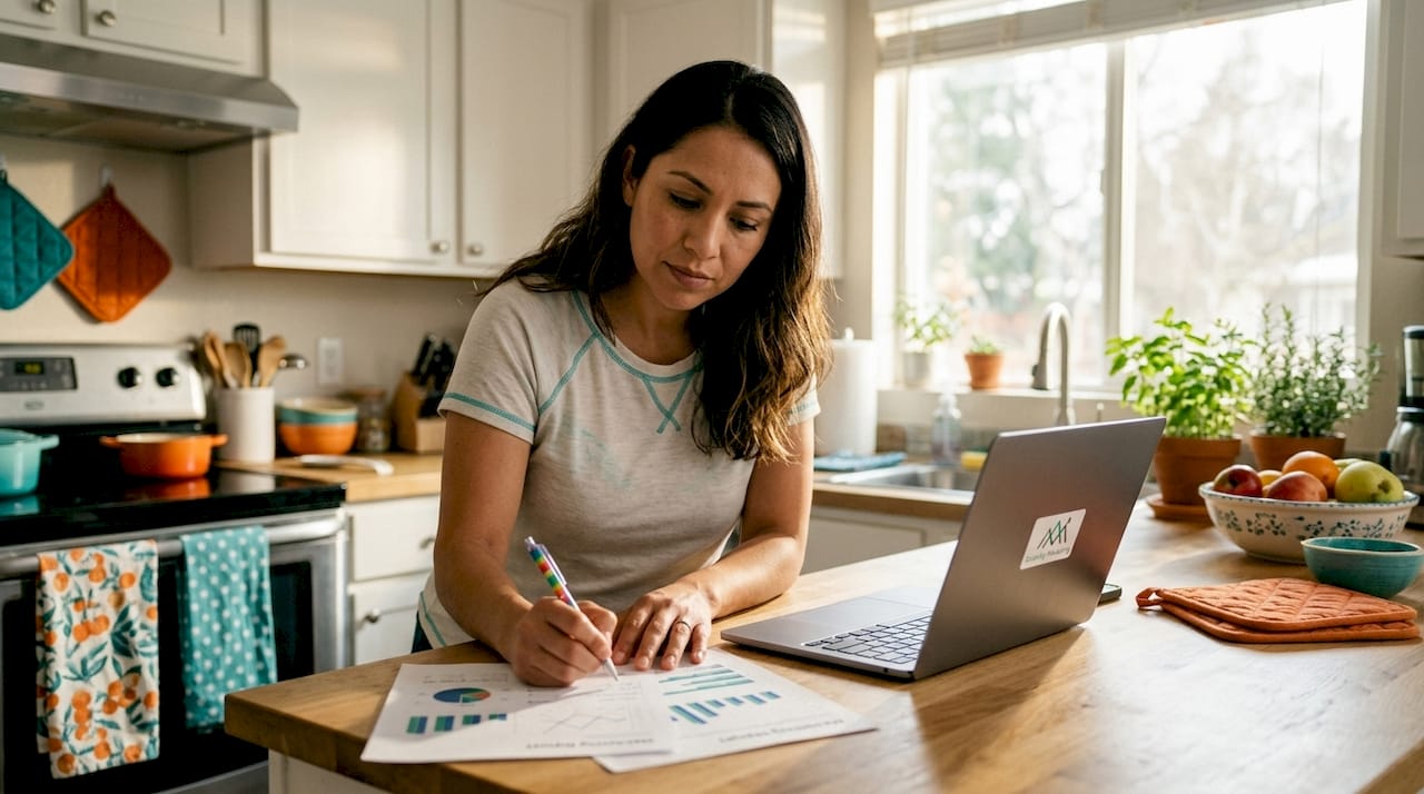 Woman reviewing marketing ROI reports at desk